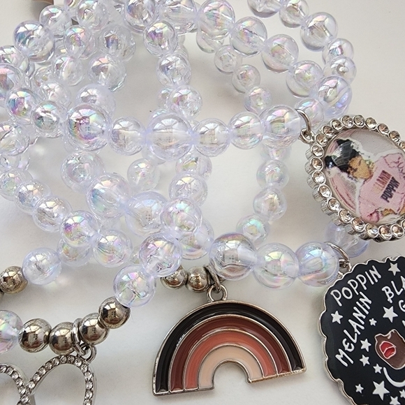 NWT Black Girl Melanin Afro Rainbow Heart AB Iridescent Ball Charm Bracelet Set - Picture 5 of 9